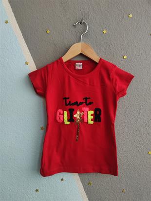 1499 - Yıldız Baskılı Kız T-Shirt - Kırmızı
