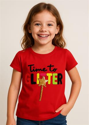 1499 - Yıldız Baskılı Kız T-Shirt - Kırmızı