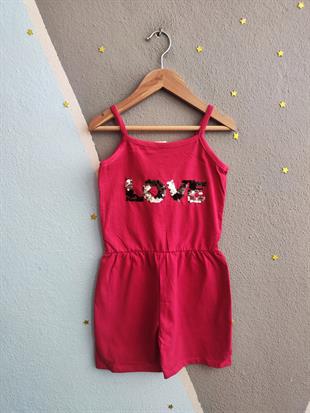 1508 - Love Baskılı Askılı Kız Tulum - fuşya