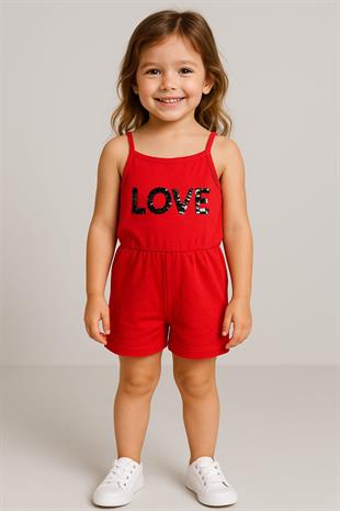 1508 - Love Baskılı Askılı Kız Tulum - Kırmızı
