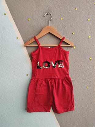1508 - Love Baskılı Askılı Kız Tulum - Kırmızı