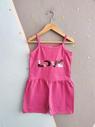 1508 - Love Baskılı Askılı Kız Tulum - Koyu Pembe