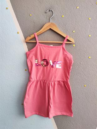 1508 - Love Baskılı Askılı Kız Tulum - Pembe