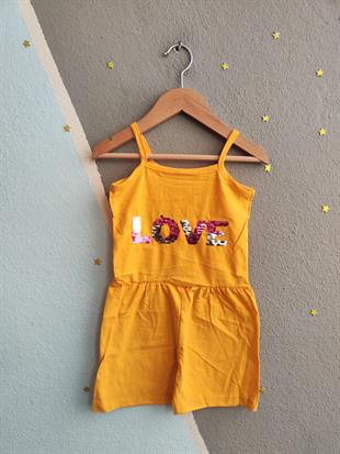 1508 - Love Baskılı Askılı Kız Tulum - Sarı