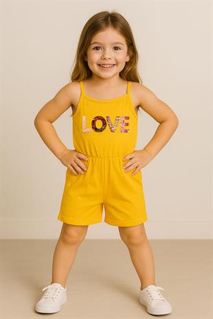1508 - Love Baskılı Askılı Kız Tulum - Sarı