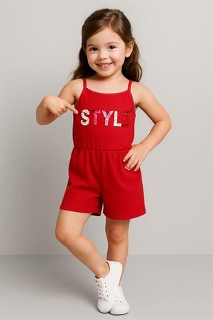 1508 - Style Baskılı Askılı Kız Tulum - Kırmızı