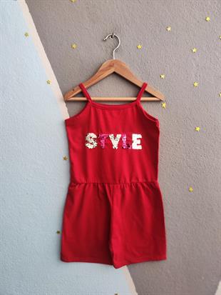 1508 - Style Baskılı Askılı Kız Tulum - Kırmızı