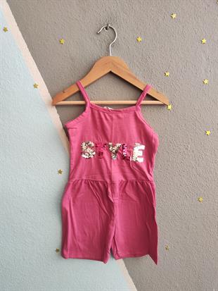 1508 - Style Baskılı Askılı Kız Tulum - Koyu Pembe