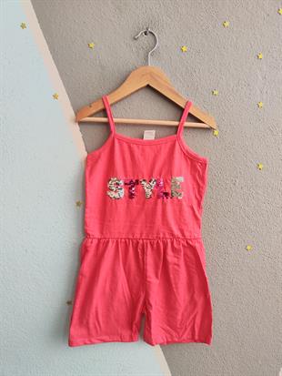 1508 - Style Baskılı Askılı Kız Tulum - Nar Çiçeği