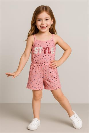 1508 - Style Baskılı Askılı Kız Tulum - Yıldızlı Pembe