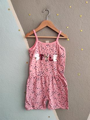 1508 - Style Baskılı Askılı Kız Tulum - Yıldızlı Pembe