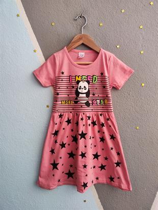 1509 -Panda Baskılı  Kız Elbise - Açık Pembe