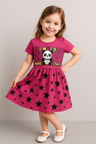1509 -Panda Baskılı  Kız Elbise - Fuşya