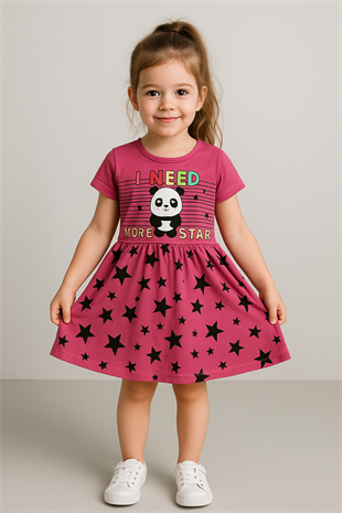 1509 -Panda Baskılı  Kız Elbise - Şarabi