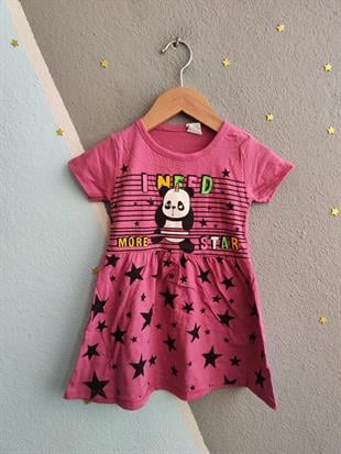 1509 -Panda Baskılı  Kız Elbise - Şarabi