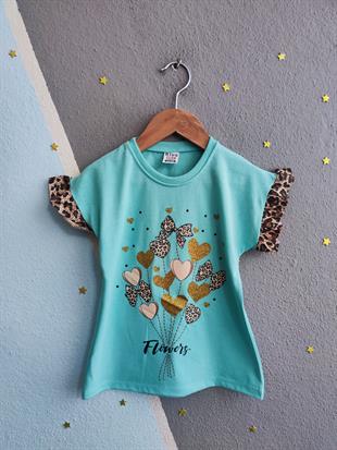 1519 - Kalp ve fiyonk baskılı leopar desenli kız çocuk takımı - Yeşil