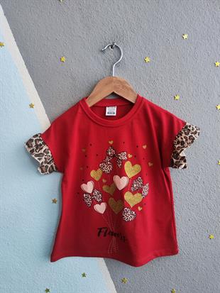 1519 - Kalp ve fiyonk baskılı leopar desenli kız çocuk takımı - Kırmızı