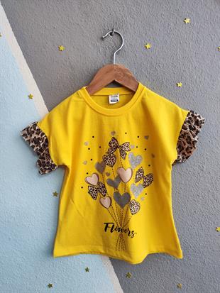 1519 - Kalp ve fiyonk baskılı leopar desenli kız çocuk takımı - Sarı