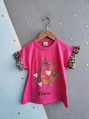 1519 - Kalp ve fiyonk baskılı leopar desenli kız çocuk takımı - Pembe