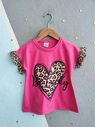 1520 - Önü kalp baskılı leopar desenli kız çocuk takımı - Pembe