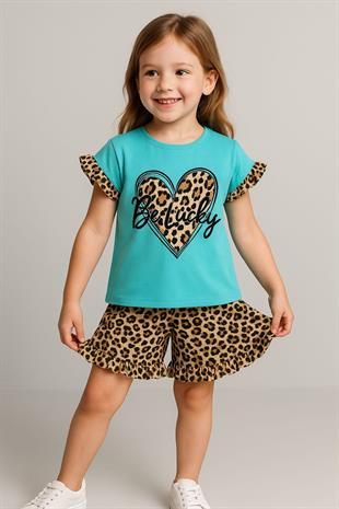 1520 - Önü kalp baskılı leopar desenli kız çocuk takımı - Yeşil