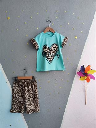 1520 - Önü kalp baskılı leopar desenli kız çocuk takımı - Yeşil