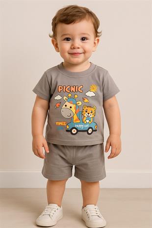 1525 - Piknik Baskılı Erkek Çocuk Takım - Gri