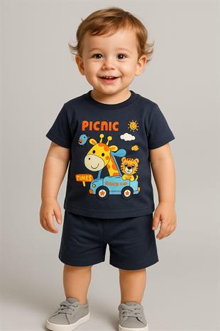 1525 - Piknik Baskılı Erkek Çocuk Takım - Koyu Lacivert