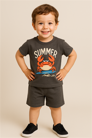 1526 - Summer Baskılı Erkek Çocuk Takım - Füme