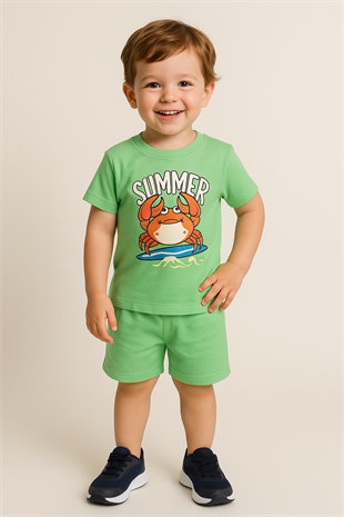 1526 - Summer Baskılı Erkek Çocuk Takım - Yeşil
