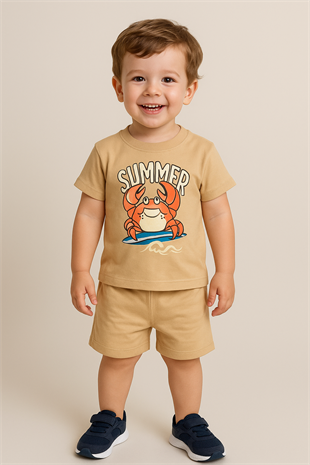 1526 - Summer Baskılı Erkek Çocuk Takım - Bej