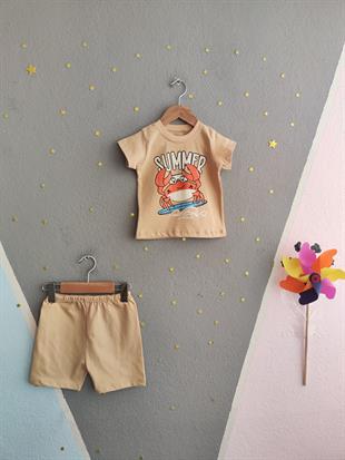 1526 - Summer Baskılı Erkek Çocuk Takım - Bej
