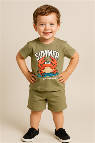 1526 - Summer Baskılı Erkek Çocuk Takım - Mint Yeşili