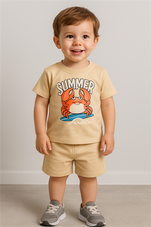 1526 - Summer Baskılı Erkek Çocuk Takım - Taş Rengi