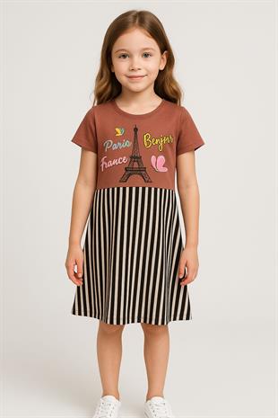 1532 - Eyfel Kulesi Baskılı Kız Elbise - Gül Kurusu