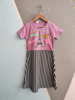 1532 - Eyfel Kulesi Baskılı Kız Elbise - Lila