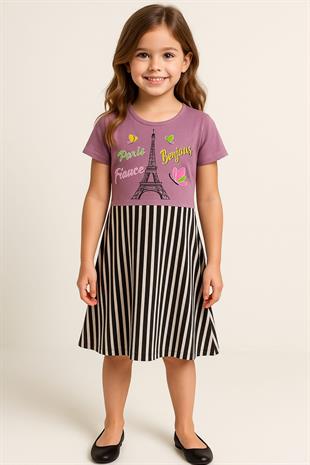 1532 - Eyfel Kulesi Baskılı Kız Elbise - Lila