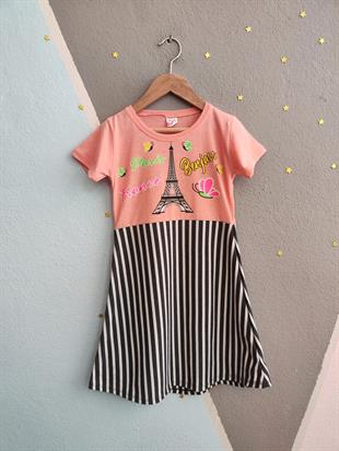 1532 - Eyfel Kulesi Baskılı Kız Elbise - Somon