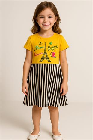 1532 - Eyfel Kulesi Baskılı Kız Elbise - Sarı
