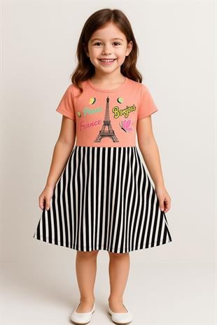 1532 - Eyfel Kulesi Baskılı Kız Elbise - Somon