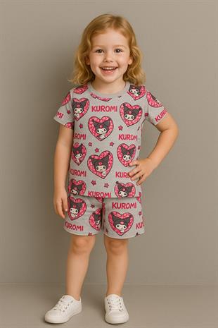 1534 - Karakter2  Baskılı  Kız Çocuk Takımı - Gri-Pembe