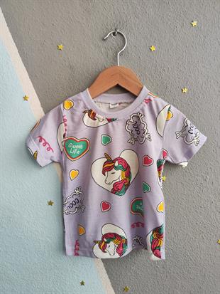 1534 - Unicorn Baskılı  Kız Çocuk Takımı - Pembe - Lila