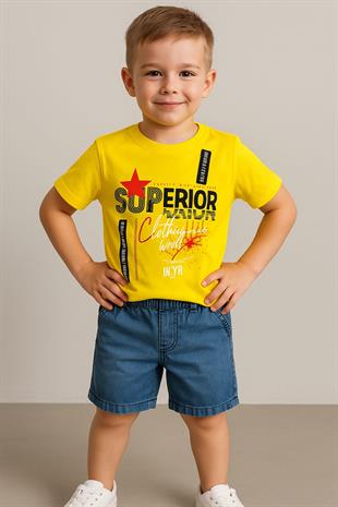 1539 - Superior Baskılı Kot Şortlu Erkek Takım - Sarı