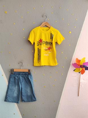 1539 - Superior Baskılı Kot Şortlu Erkek Takım - Sarı
