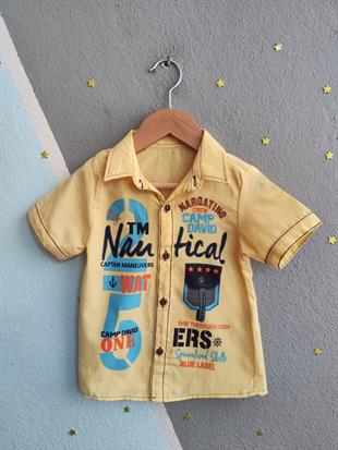 1540 - Desenli Gömlekli Kot Şortlu Erkek Takım - Sarı