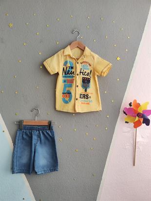 1540 - Desenli Gömlekli Kot Şortlu Erkek Takım - Sarı