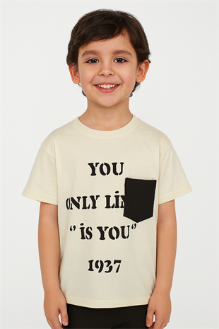 1555 - You Baskılı Erkek Tişört - Krem
