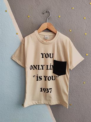 1555 - You Baskılı Erkek Tişört - Krem
