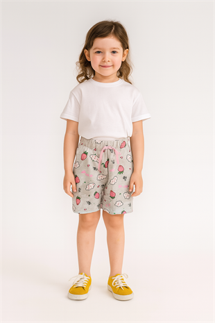 1570 - Bulut Ve Çilek Baskılı Kız Şort - Gri