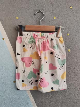 1570 - Kalp Baskılı Kız Şort - Krem - Pembe